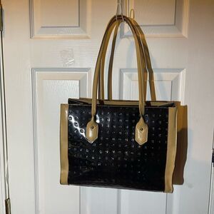 Arcadia Genuine Patent Leather black ,khaki trim & straps Shoulder bag .